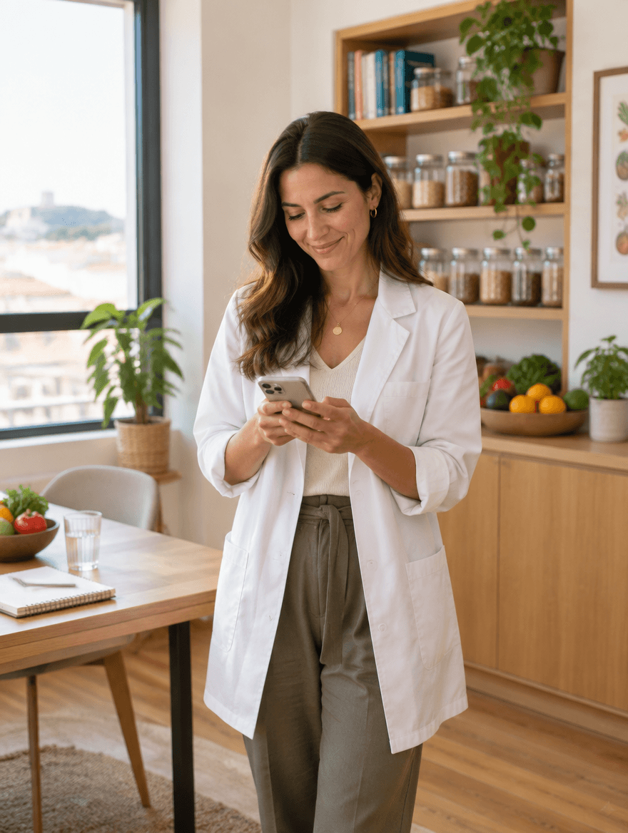 Nutricionista a ver a confirmação de uma marcação no telemóvel