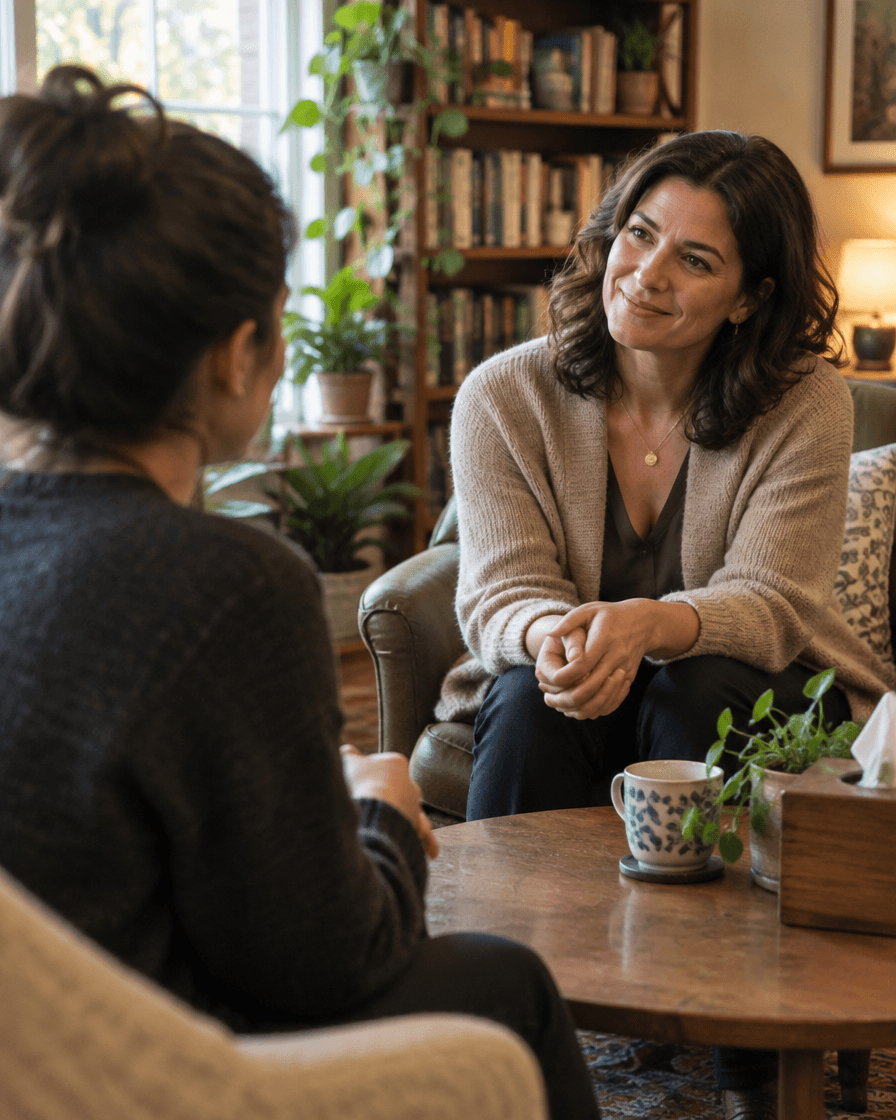 Psicóloga em conversa com uma cliente, numa sala acolhedora